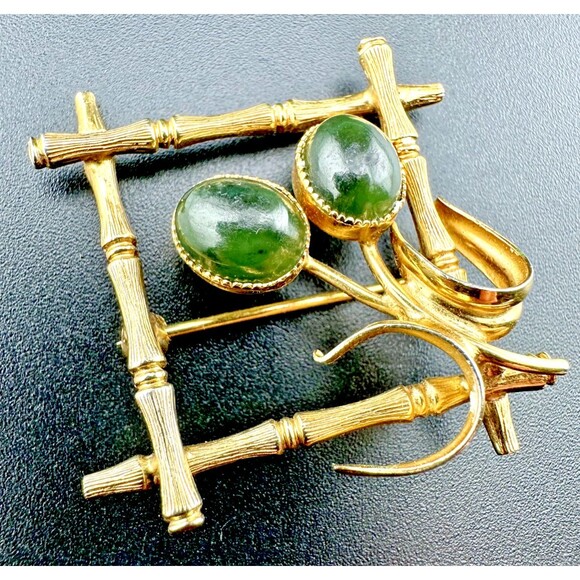 Vintage 12k GF Gold Filled Bamboo Floral Jade Nephrite Pin Brooch - Picture 1 of 8